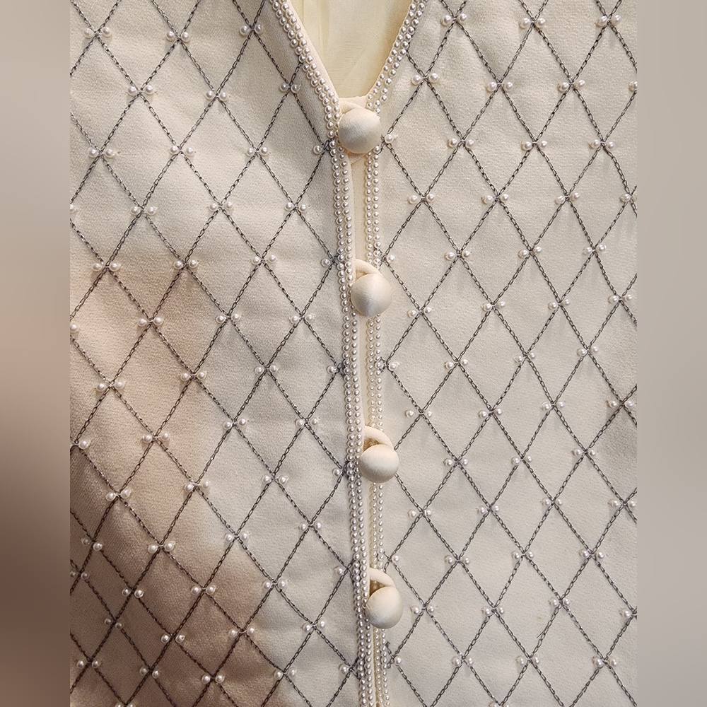 Albert Nipon Evening Ivory Diamond Pattern Pearl 2 Piece Skirt Suit - Picture 10 of 10